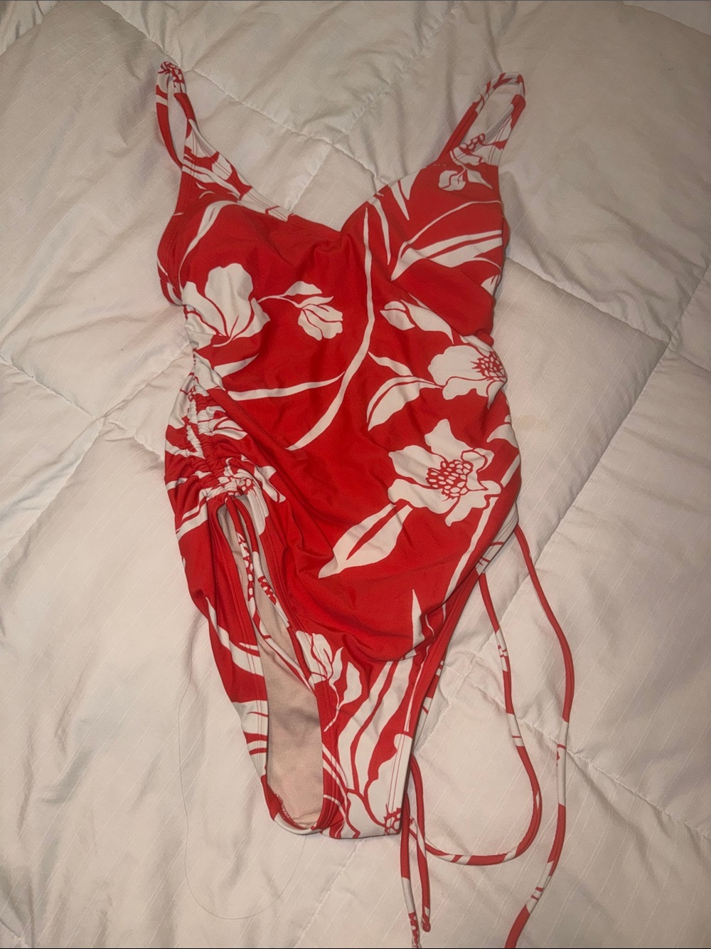 Kona Sol Red and White Floral One-Piece Swimsuit